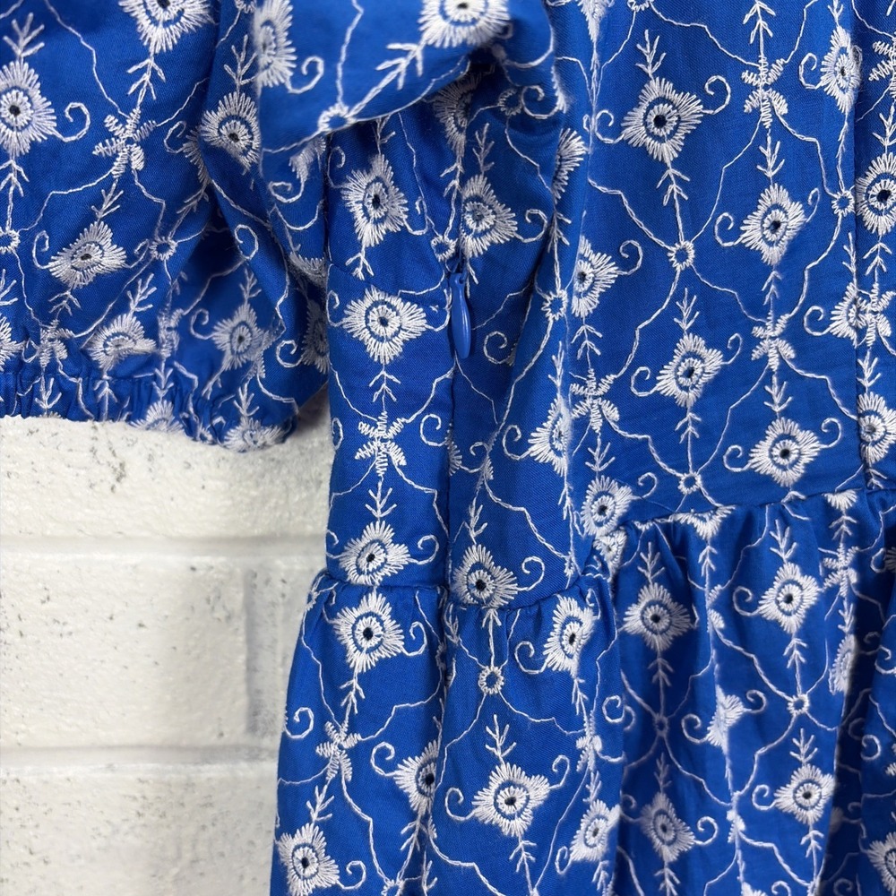 Rhode for Target Babydoll Dress M Blue Embroidered Eyelet Puff Sleeves Pockets - Picture 8 of 12